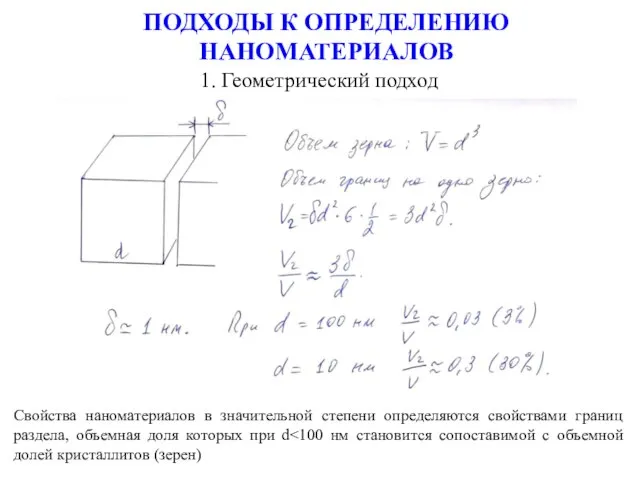 ПОДХОДЫ К ОПРЕДЕЛЕНИЮ НАНОМАТЕРИАЛОВ 1. Геометрический подход Свойства наноматериалов в значительной