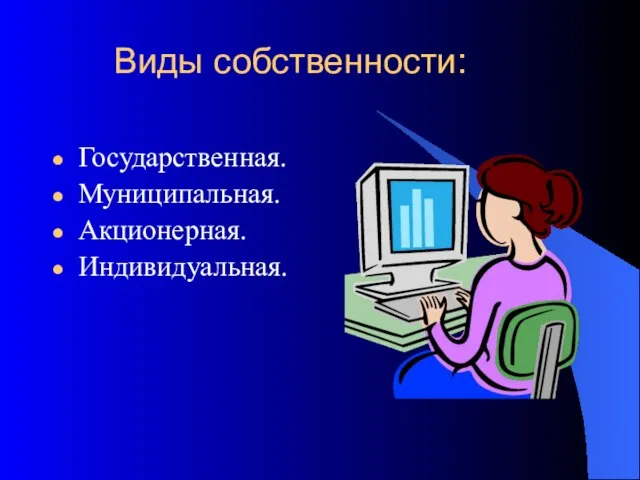 Виды собственности: Государственная. Муниципальная. Акционерная. Индивидуальная.