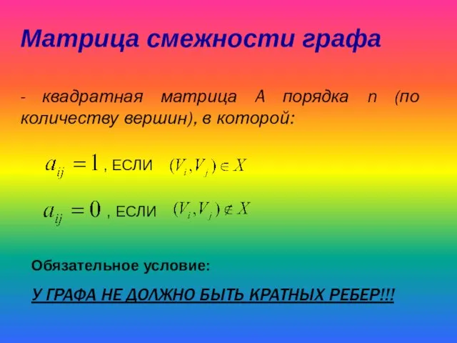 - квадратная матрица A порядка n (по количеству вершин), в которой: