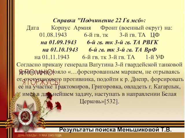 Справка "Подчинение 22 Гв мсб»: Дата Корпус Армия Фронт (военный округ)