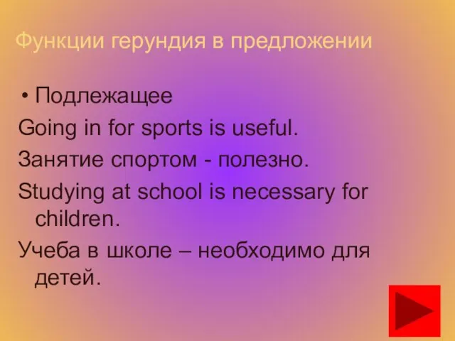 Функции герундия в предложении Подлежащее Going in for sports is useful.