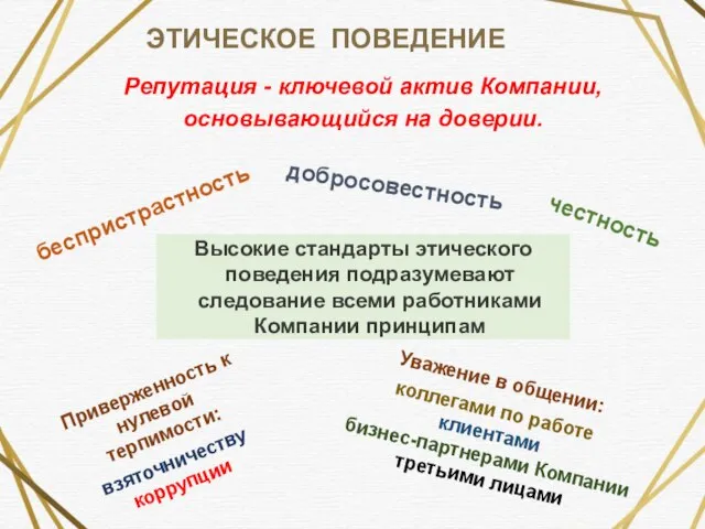 ЭТИЧЕСКОЕ ПОВЕДЕНИЕ Репутация - ключевой актив Компании, основывающийся на доверии. Высокие