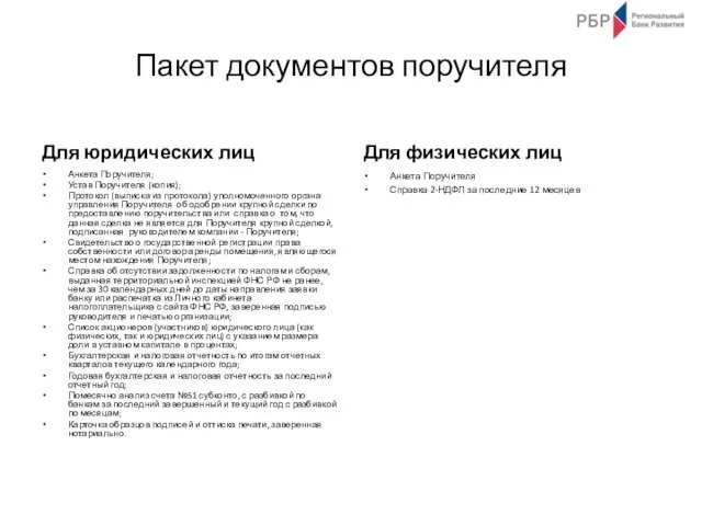 Пакет документов поручителя Для юридических лиц Анкета Поручителя; Устав Поручителя (копия);