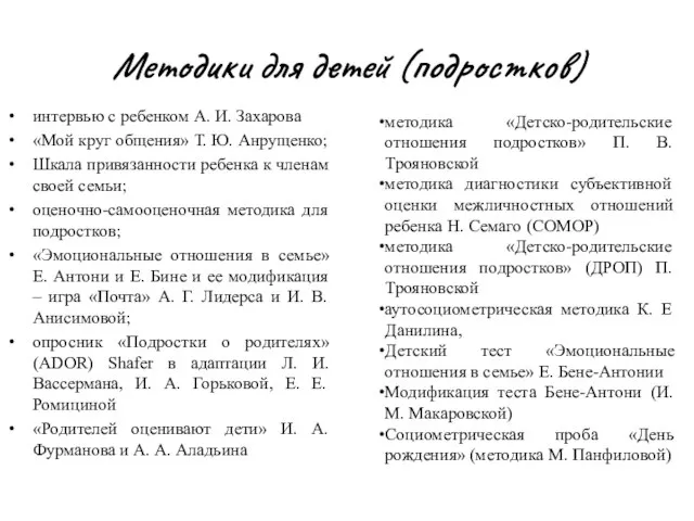 Методики для детей (подростков) интервью с ребенком А. И. Захарова «Мой