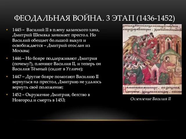 1445 – Василий II в плену казанского хана, Дмитрий Шемяка занимает