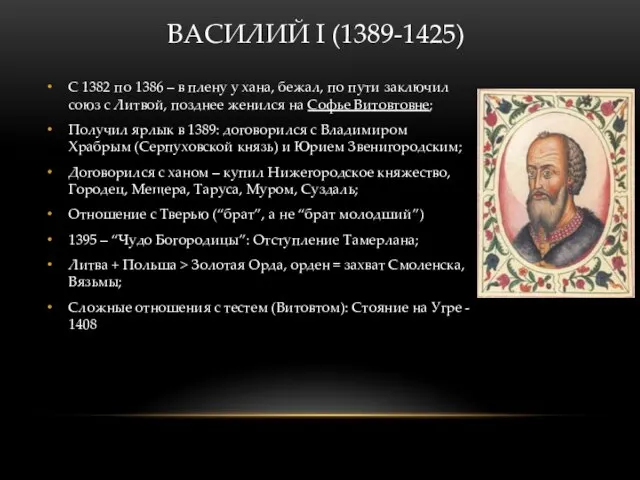 ВАСИЛИЙ I (1389-1425) С 1382 по 1386 – в плену у