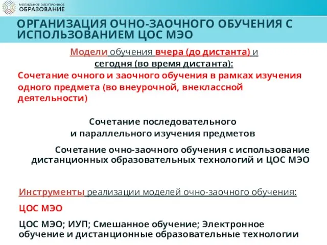 ОРГАНИЗАЦИЯ ОЧНО-ЗАОЧНОГО ОБУЧЕНИЯ С ИСПОЛЬЗОВАНИЕМ ЦОС МЭО Модели очМодели обучения вчера