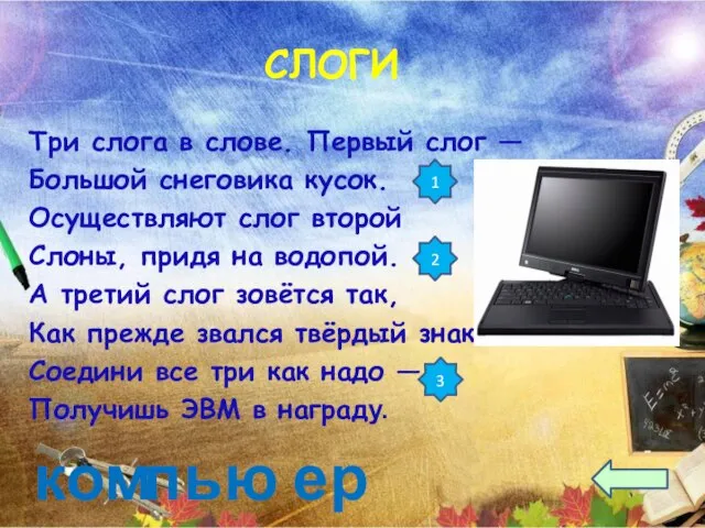 Три слога в слове. Первый слог — Большой снеговика кусок. Осуществляют