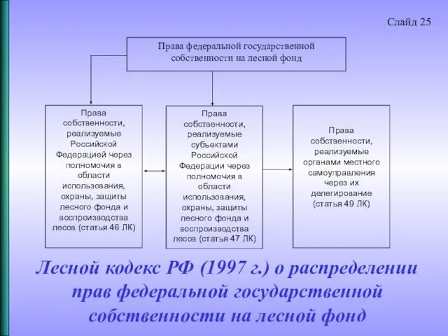 Лесной кодекс РФ (1997 г.) о распределении прав федеральной государственной собственности на лесной фонд Слайд 25