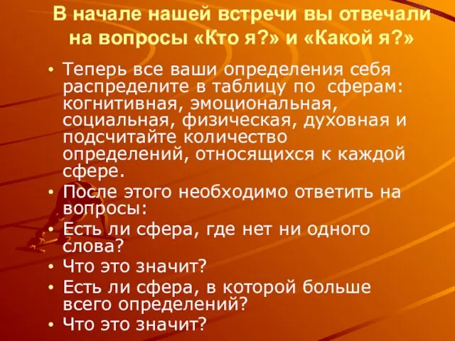 В начале нашей встречи вы отвечали на вопросы «Кто я?» и