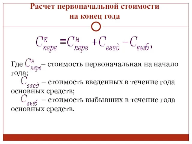 Расчет первоначальной стоимости на конец года Где – стоимость первоначальная на