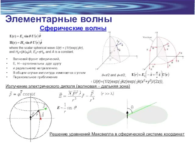 Элементарные волны Сферические волны Волновой фронт сферический, E, H – ортогональны