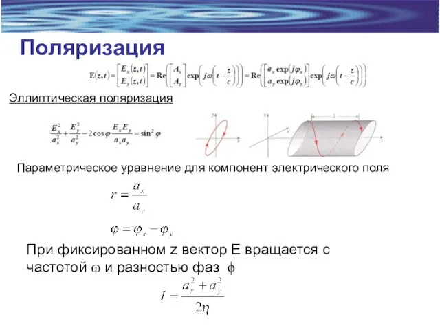 Поляризация Эллиптическая поляризация Параметрическое уравнение для компонент электрического поля При фиксированном