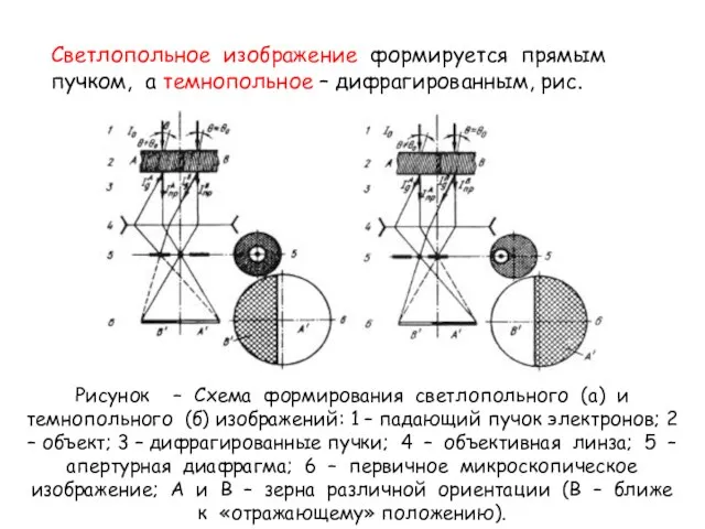 Светлопольное изображение формируется прямым пучком, а темнопольное – дифрагированным, рис. Рисунок