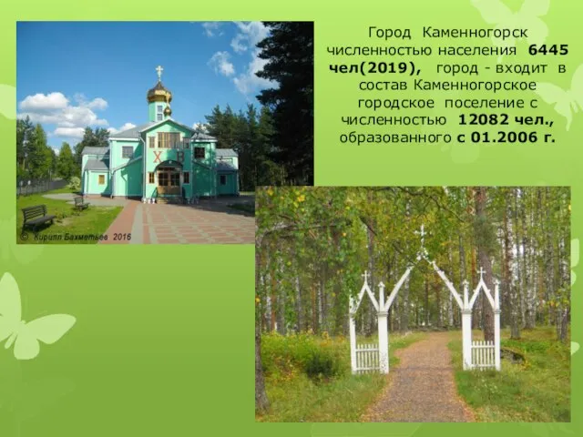 Город Каменногорск численностью населения 6445 чел(2019), город - входит в состав