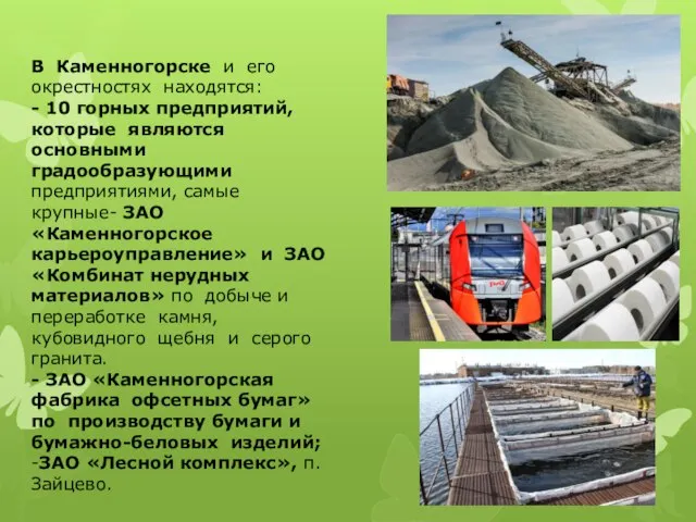 В Каменногорске и его окрестностях находятся: - 10 горных предприятий, которые