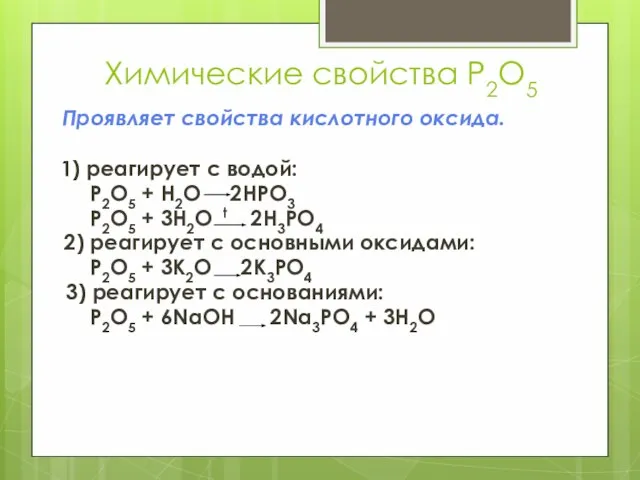 Химические свойства P2O5 Проявляет свойства кислотного оксида. 1) реагирует с водой: