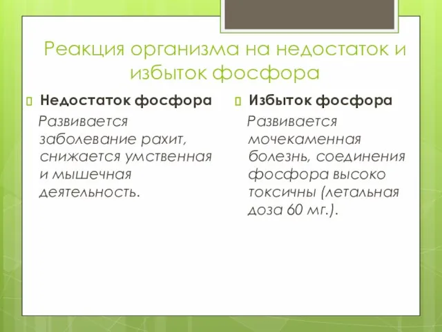 Реакция организма на недостаток и избыток фосфора Недостаток фосфора Развивается заболевание