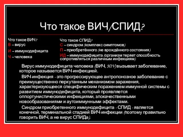 Что такое ВИЧ/СПИД? Вирус иммунодефицита человека (ВИЧ, HIV) вызывает заболевание, которое