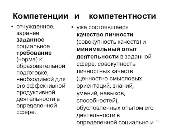 Компетенции и компетентности отчужденное, заранее заданное социальное требование (норма) к образовательной