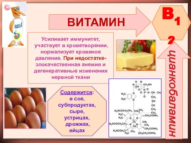 ВИТАМИН B12 цианкобаламин Усиливает иммунитет, участвует в кроветворении, нормализует кровяное давление.