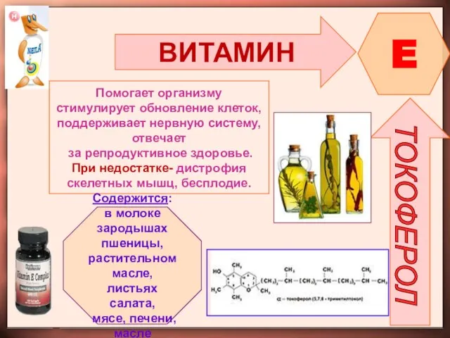 ВИТАМИН E ТОКОФЕРОЛ Помогает организму стимулирует обновление клеток, поддерживает нервную систему,