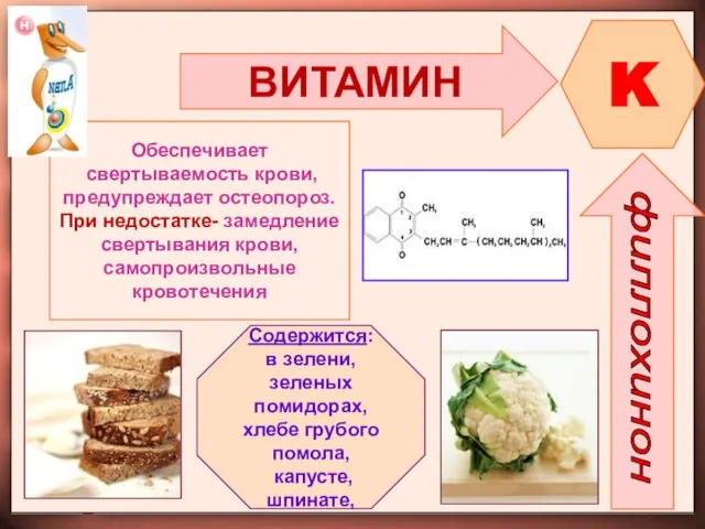 ВИТАМИН K Обеспечивает свертываемость крови, предупреждает остеопороз. При недостатке- замедление свертывания