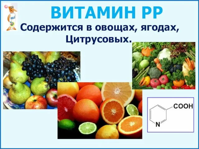 ВИТАМИН РР Содержится в овощах, ягодах, Цитрусовых.