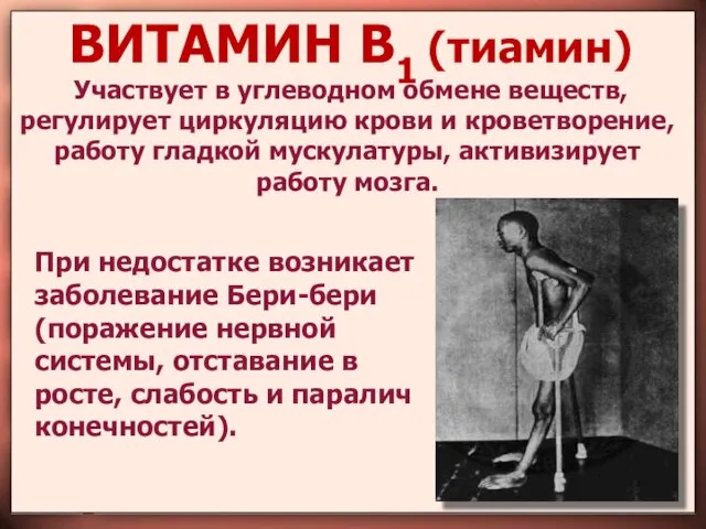 ВИТАМИН В1 (тиамин) Участвует в углеводном обмене веществ, регулирует циркуляцию крови