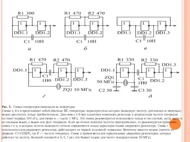 Рис. 3. Схемы генераторов импульсов на инверторах Схемы а, б и
