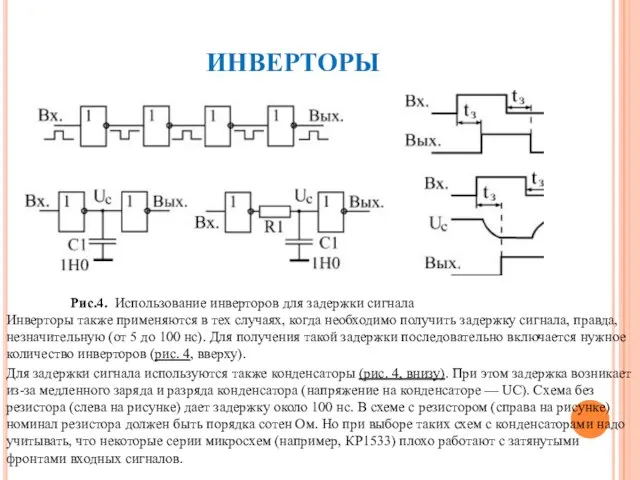 ИНВЕРТОРЫ Рис.4. Использование инверторов для задержки сигнала Инверторы также применяются в