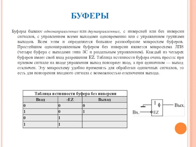 БУФЕРЫ Буферы бывают однонаправленные или двунаправленные, с инверсией или без инверсии