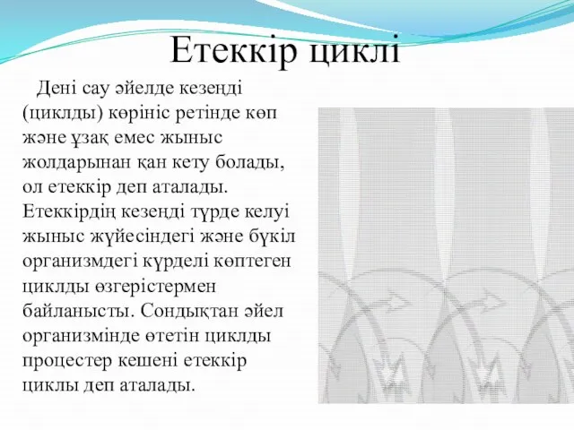 Етеккір циклі Дені сау әйелде кезеңді (циклды) көрініс ретінде көп және