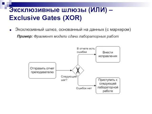 Эксклюзивные шлюзы (ИЛИ) – Exclusive Gates (XOR) Эксклюзивный шлюз, основанный на