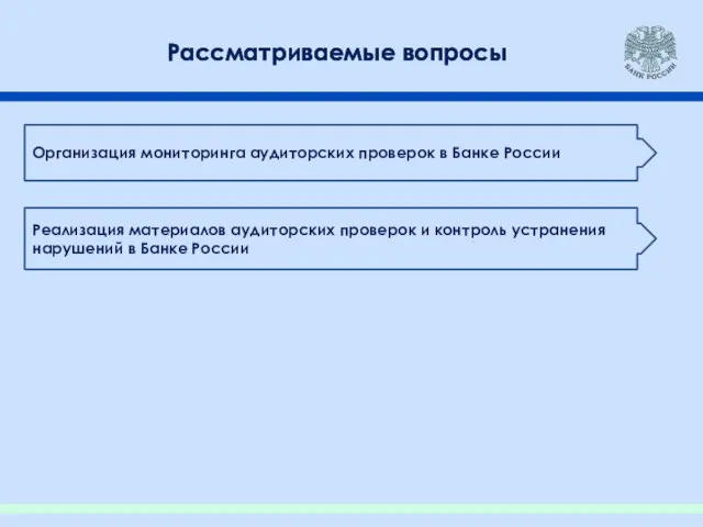 Рассматриваемые вопросы Организация мониторинга аудиторских проверок в Банке России Реализация материалов