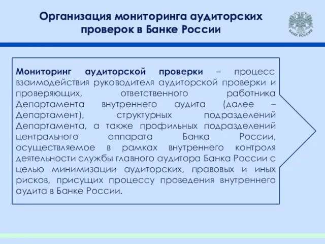 Организация мониторинга аудиторских проверок в Банке России Мониторинг аудиторской проверки –