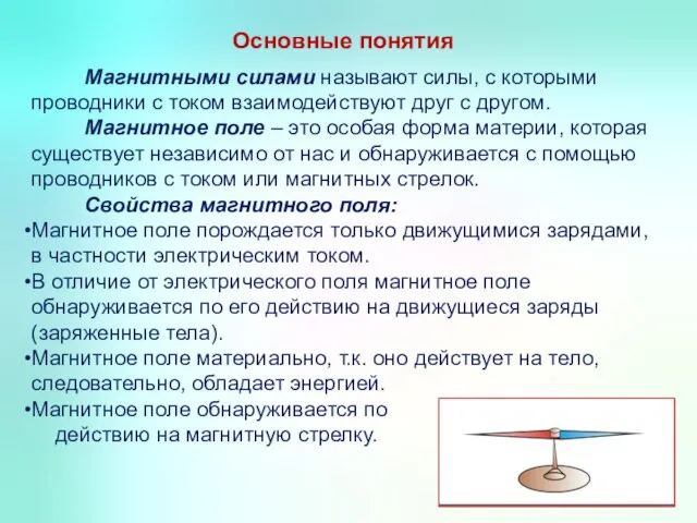 Основные понятия Магнитными силами называют силы, с которыми проводники с током