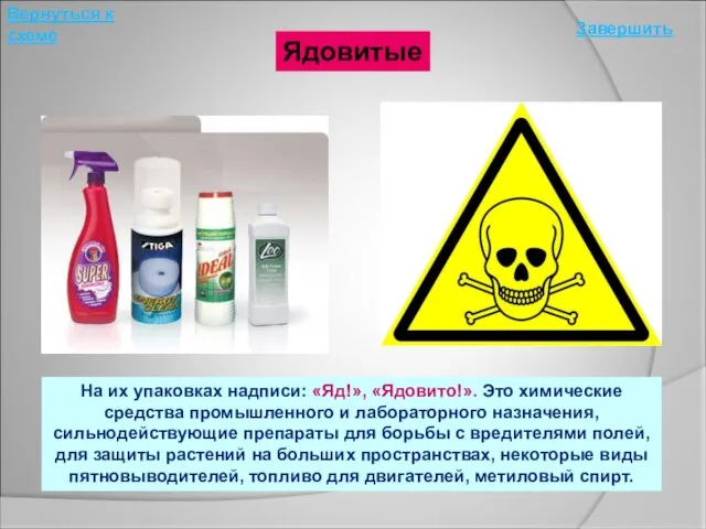 Ядовитые На их упаковках надписи: «Яд!», «Ядовито!». Это химические средства промышленного