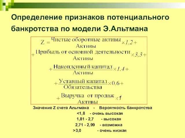 Определение признаков потенциального банкротства по модели Э.Альтмана Значение Z счета Альтмана