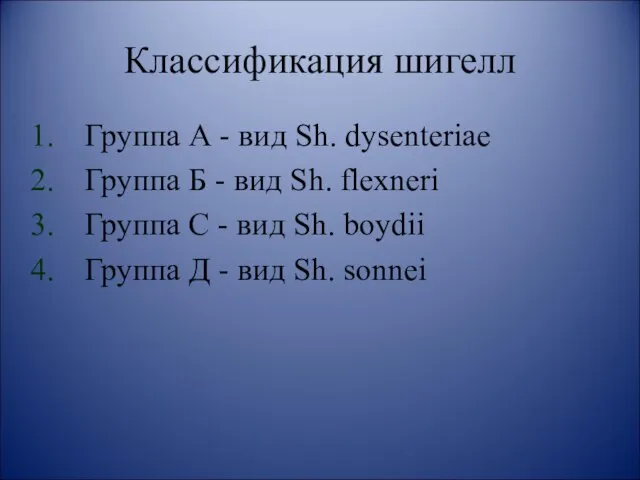 Классификация шигелл Группа А - вид Sh. dysenteriae Группа Б -