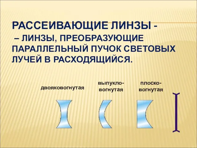 РАССЕИВАЮЩИЕ ЛИНЗЫ - – ЛИНЗЫ, ПРЕОБРАЗУЮЩИЕ ПАРАЛЛЕЛЬНЫЙ ПУЧОК СВЕТОВЫХ ЛУЧЕЙ В РАСХОДЯЩИЙСЯ. двояковогнутая выпукло-вогнутая плоско-вогнутая