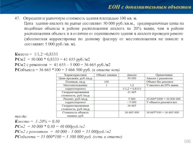 ЕОН с дополнительным объектом 47. Определите рыночную стоимость здания площадью 100