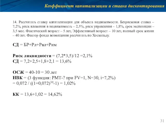 Коэффициент капитализации и ставка дисконтирования 14. Рассчитать ставку капитализации для объекта