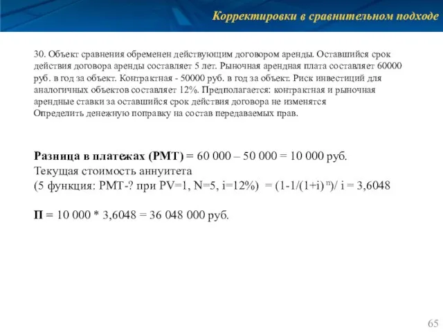 Корректировки в сравнительном подходе 30. Объект сравнения обременен действующим договором аренды.