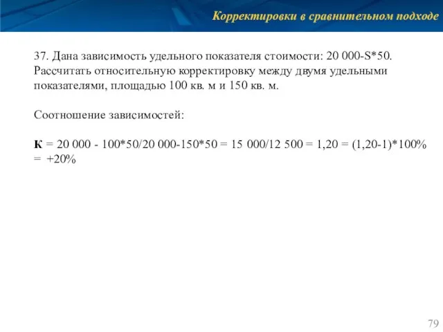 Корректировки в сравнительном подходе 37. Дана зависимость удельного показателя стоимости: 20