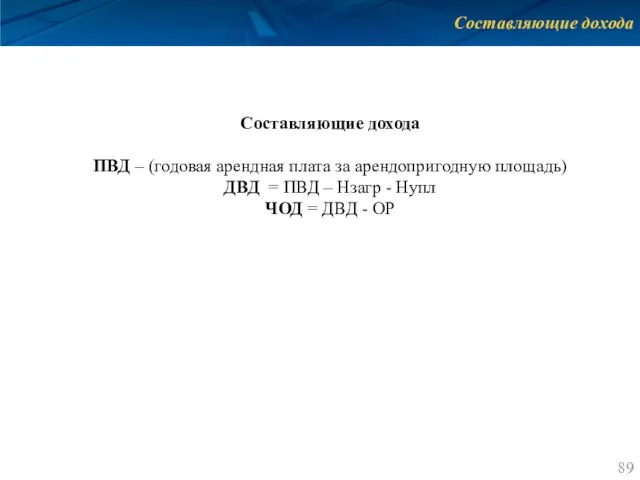 Составляющие дохода Составляющие дохода ПВД – (годовая арендная плата за арендопригодную