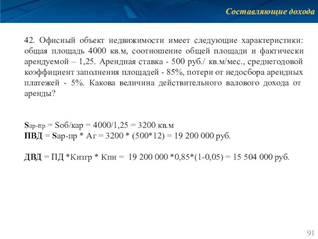 Составляющие дохода 42. Офисный объект недвижимости имеет следующие характеристики: общая площадь