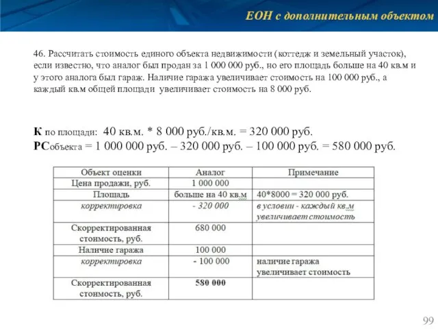 ЕОН с дополнительным объектом 46. Рассчитать стоимость единого объекта недвижимости (коттедж