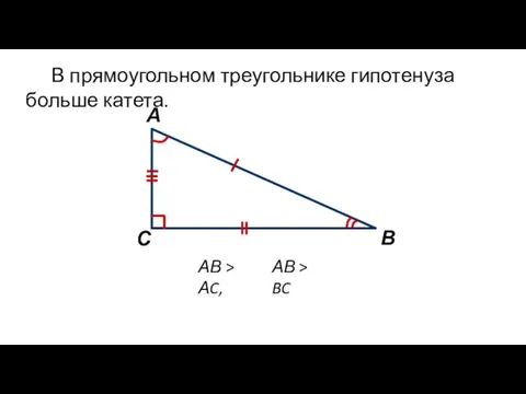 В прямоугольном треугольнике гипотенуза больше катета. А С В АВ > BC АВ > АC,