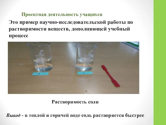 Проектная деятельность учащихся Растворимость соли Вывод - в теплой и горячей